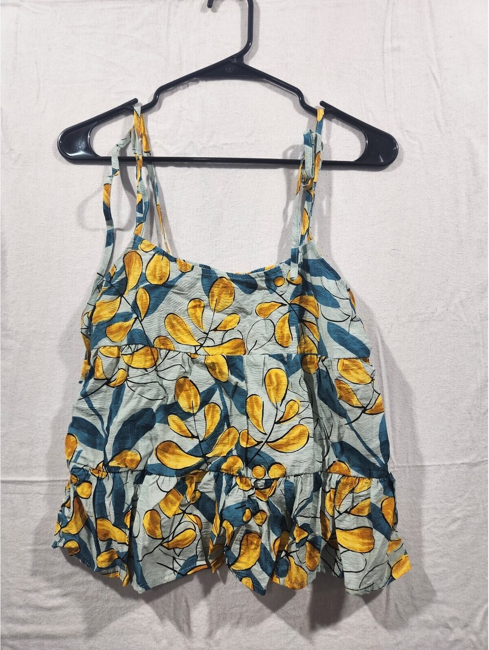 MINE Blue and Yellow Floral Leaf Print Tie-Strap Cami Babydoll Tank Top